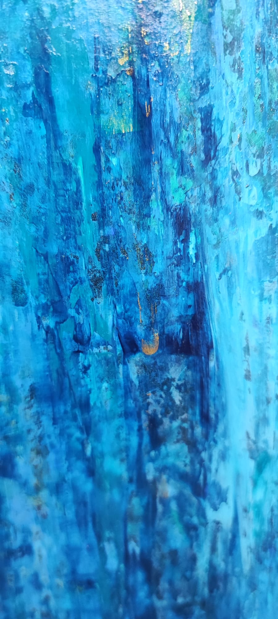 Create a relaxing atmosphere with Lenon B's Lagon, an abstract piece featuring tranquil blue hues and gold accents.