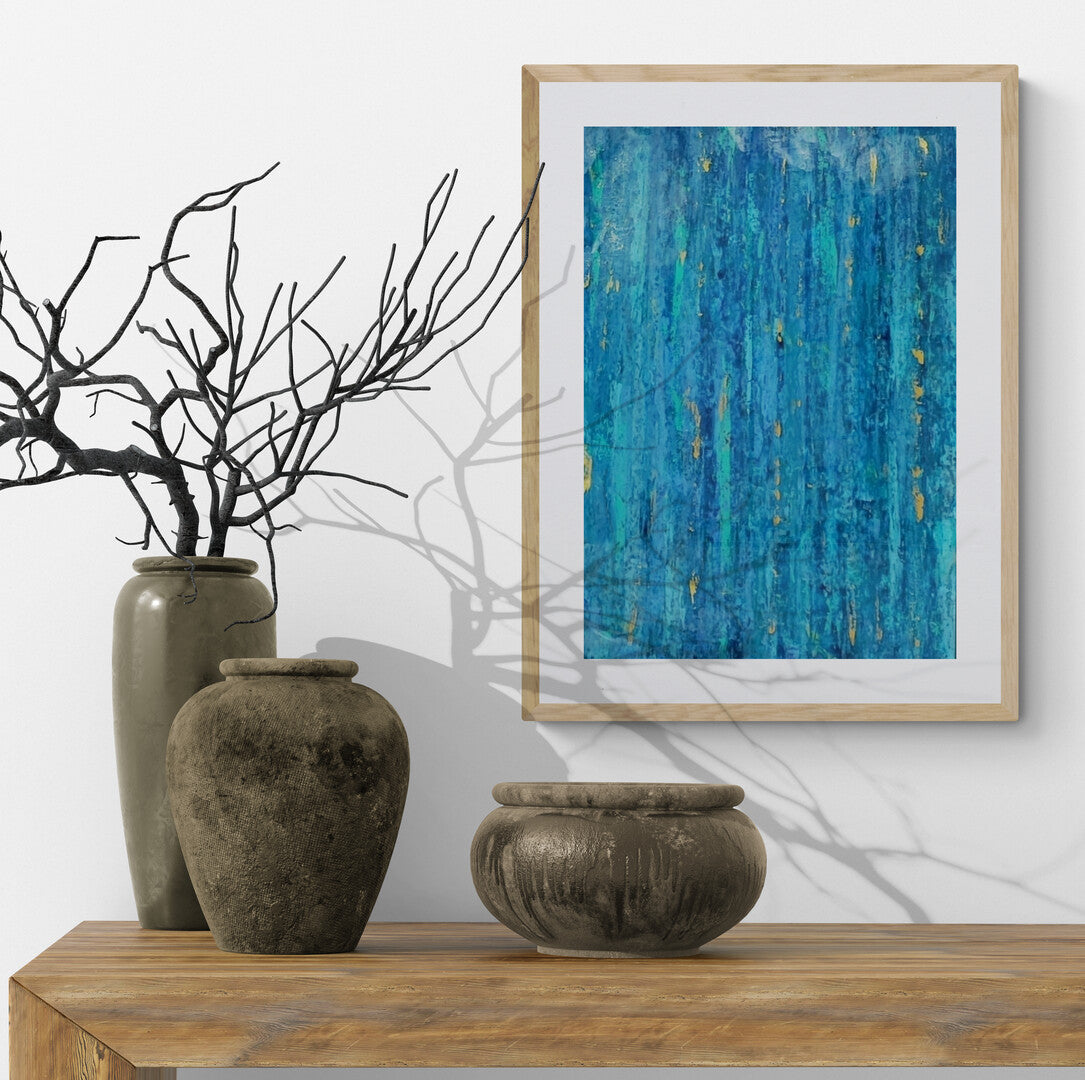 Explore Lagon, an abstract artwork by Lenon B that blends deep blues with golden highlights to create a peaceful atmosphere.