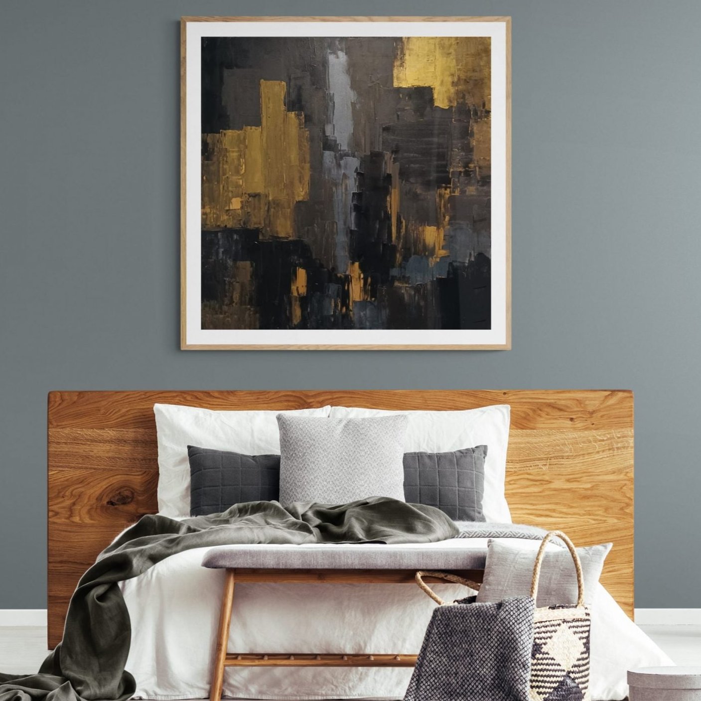 Contemporary abstract painting by Lenon B, designed for modern interiors with bold black and gold vertical lines.