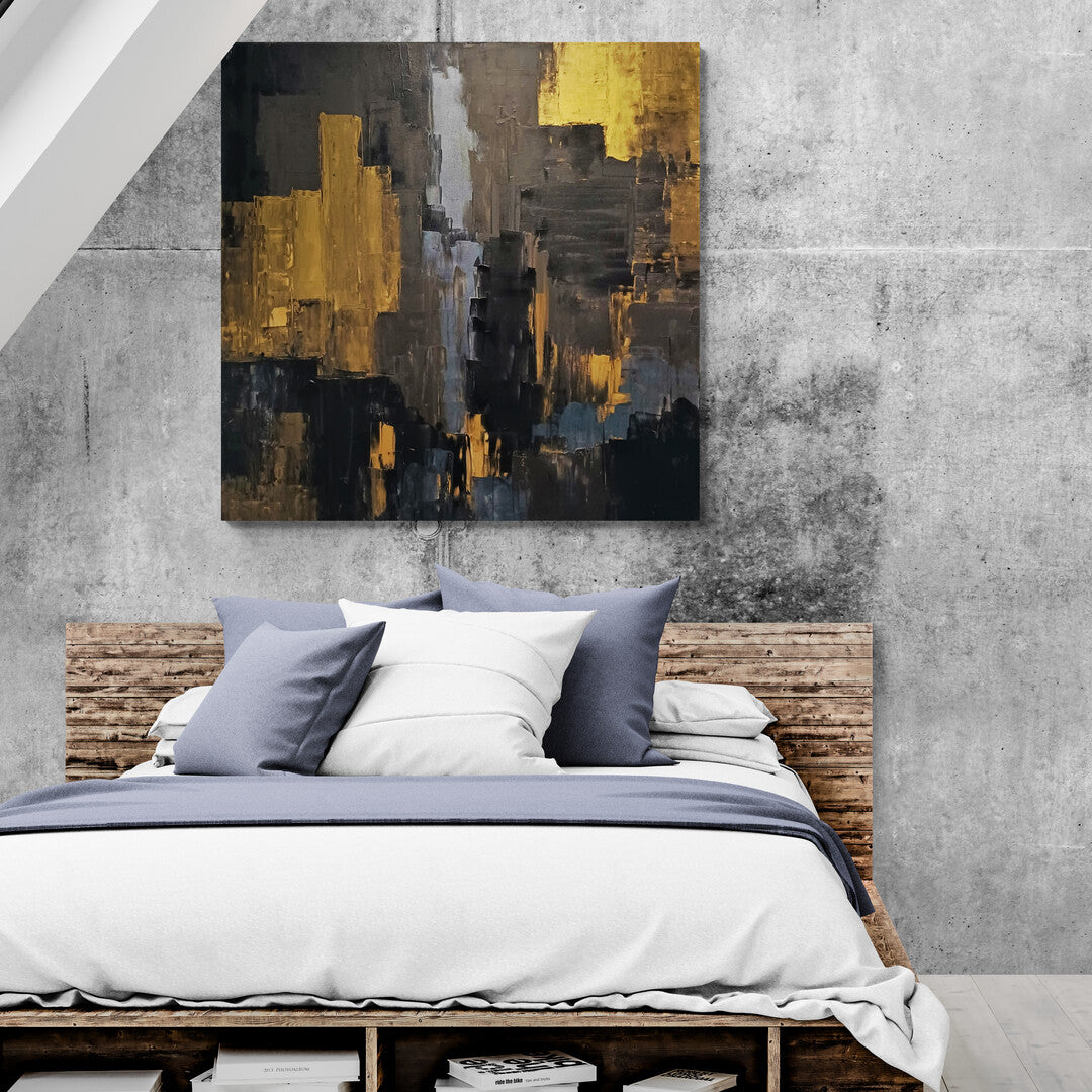 Elegant abstract painting by Lenon B, featuring contrasting gold and black tones with anthracite accents.