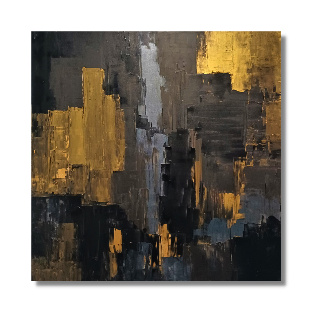 Abstract artwork by Lenon B featuring black, gold, and anthracite tones with overlapping vertical bands.