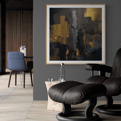 Bold abstract painting by Lenon B, featuring strong gold details and dark black tones on canvas.