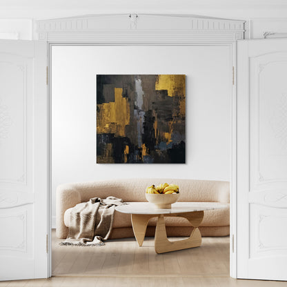 Lenon B’s modern canvas artwork featuring vertical anthracite and gold tones, mounted on a 3D frame.