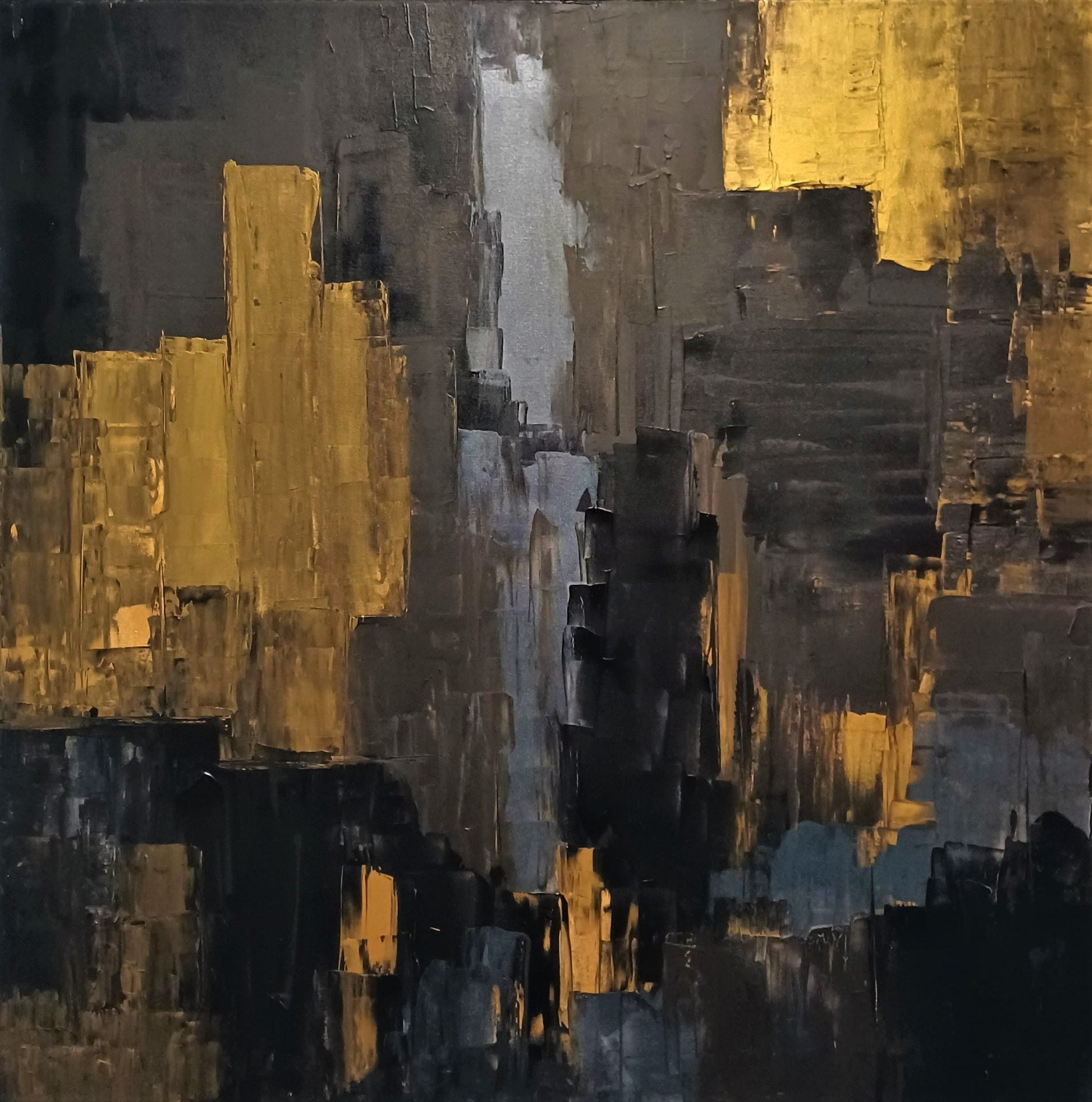 Refined abstract artwork by Lenon B, featuring anthracite silver, gold, and black tones in vertical composition.