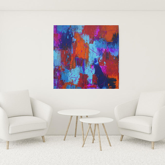 Abstract acrylic painting by Lenon B, combining deep blues, neon orange, and vibrant fuchsia.