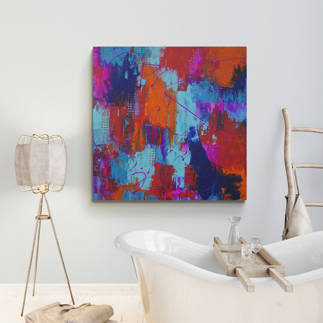 "Something" – a dynamic artwork by Lenon B, showcasing blue, orange, and fuchsia colors.