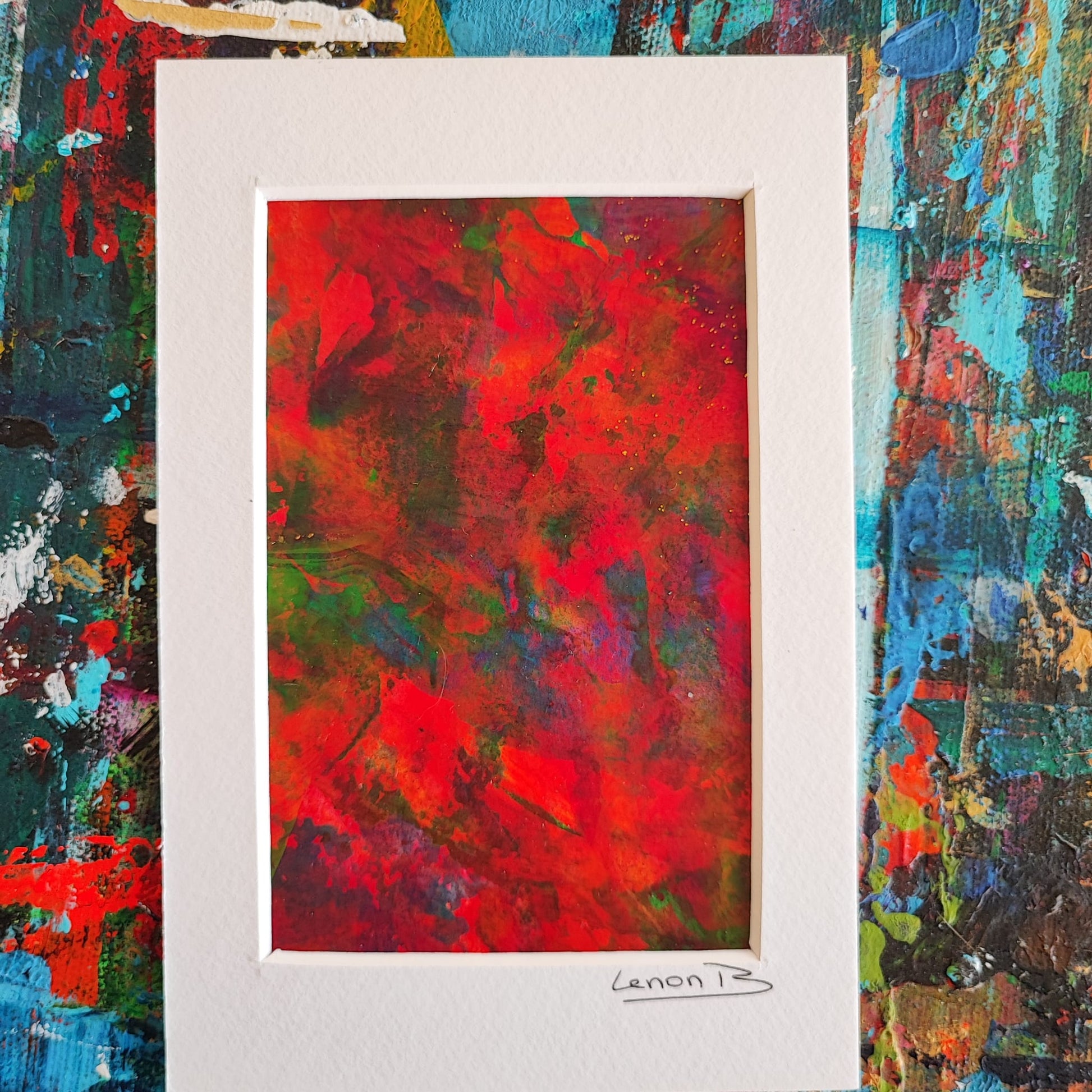 This abstract painting by Lenon B is ready to hang in its elegant white 3D frame.