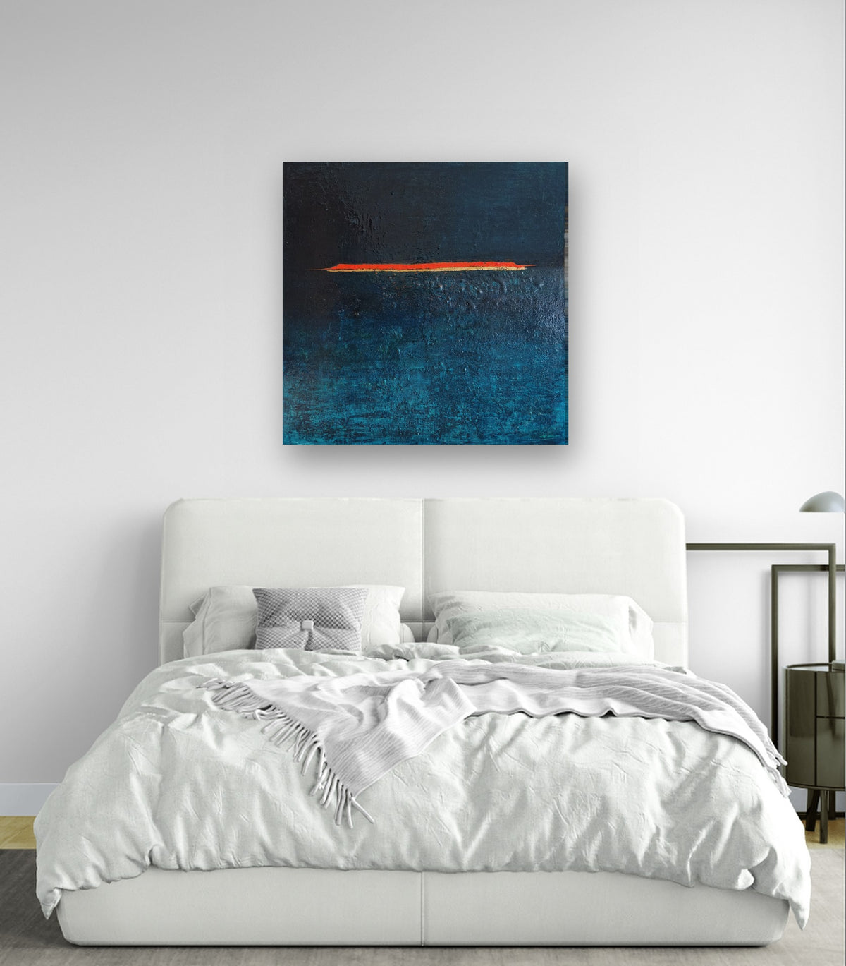 The Line by Lenon B above a bed in a white bedroom, true scale (100 × 100 cm)